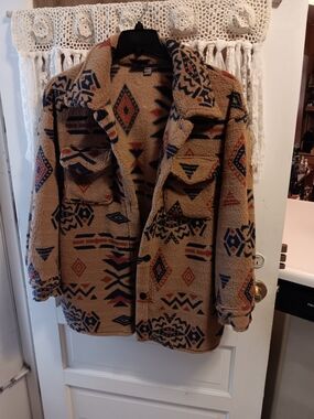 Cozy Aztec Sherpa Jacket in Tan - Women's Jacket & Coat